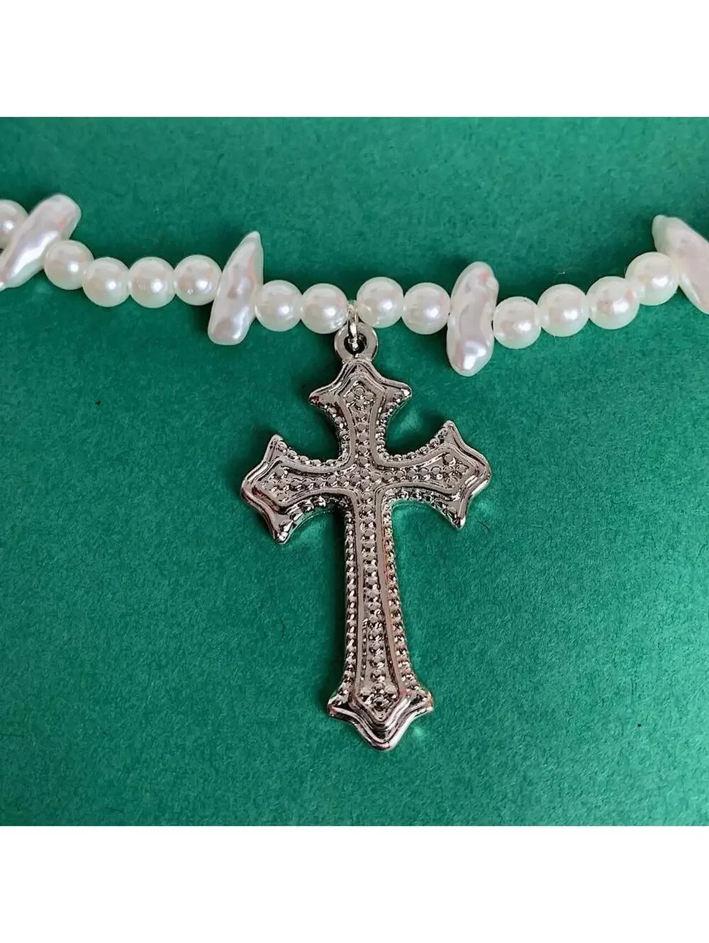 Cyber Grunge y2k Style Pearl Necklace with Gothic Silver Cross. 18-21 inches